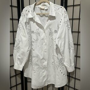 ROAMANS Floral Embroidered White Shirt/TUNIC BURNOUT COTTON DESIGN,SIZE L/XL